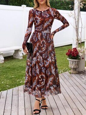 Women's Fall Wedding Guest Cocktail Long Sleeve Floral Maxi Dress